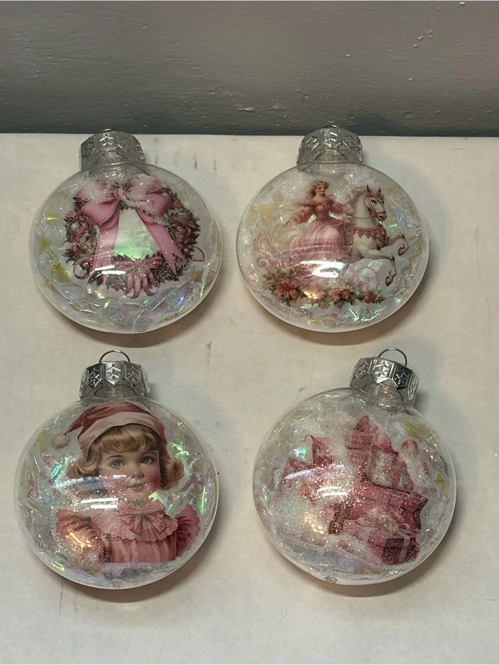 Vintage-Style Handmade Pink Christmas Ornament Lot of 9 Glitter Iridescent 3”